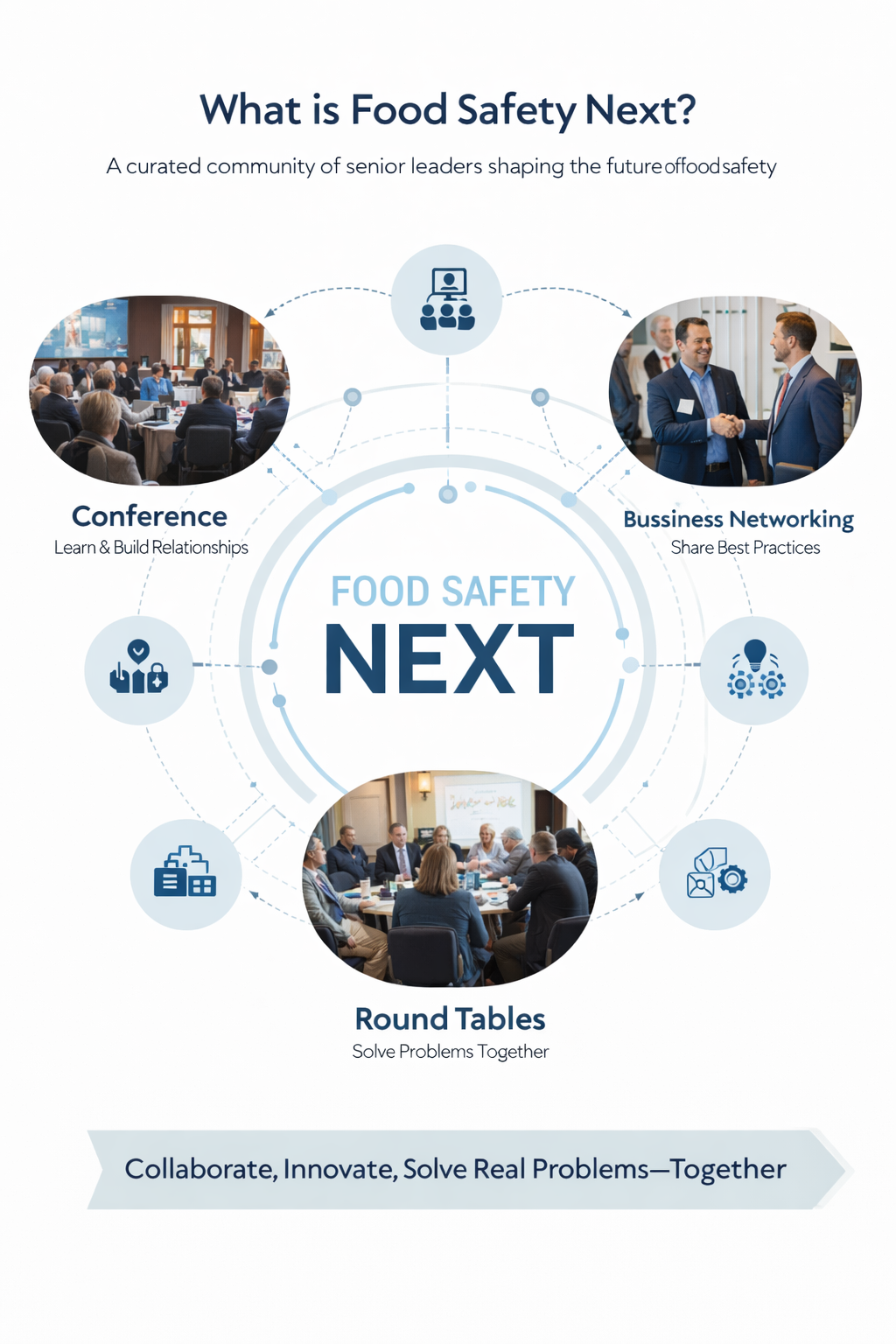 Food Safety Next cycle diagram showing Conference, Business Networking, and Round Tables